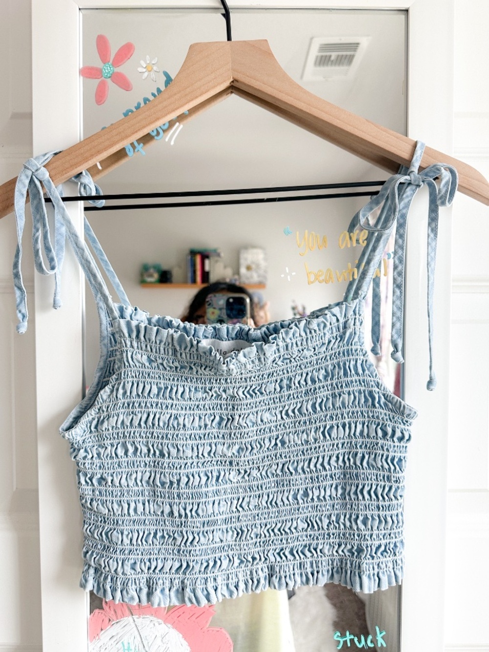 Bella Dahl Size XS Light Blue Chambray Smocked Tie Strap Crop Top